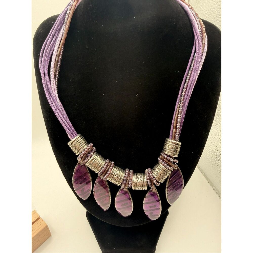 Vintage Boho Reversible Multi-Strand Statement Necklace & Earring Set – Purple
